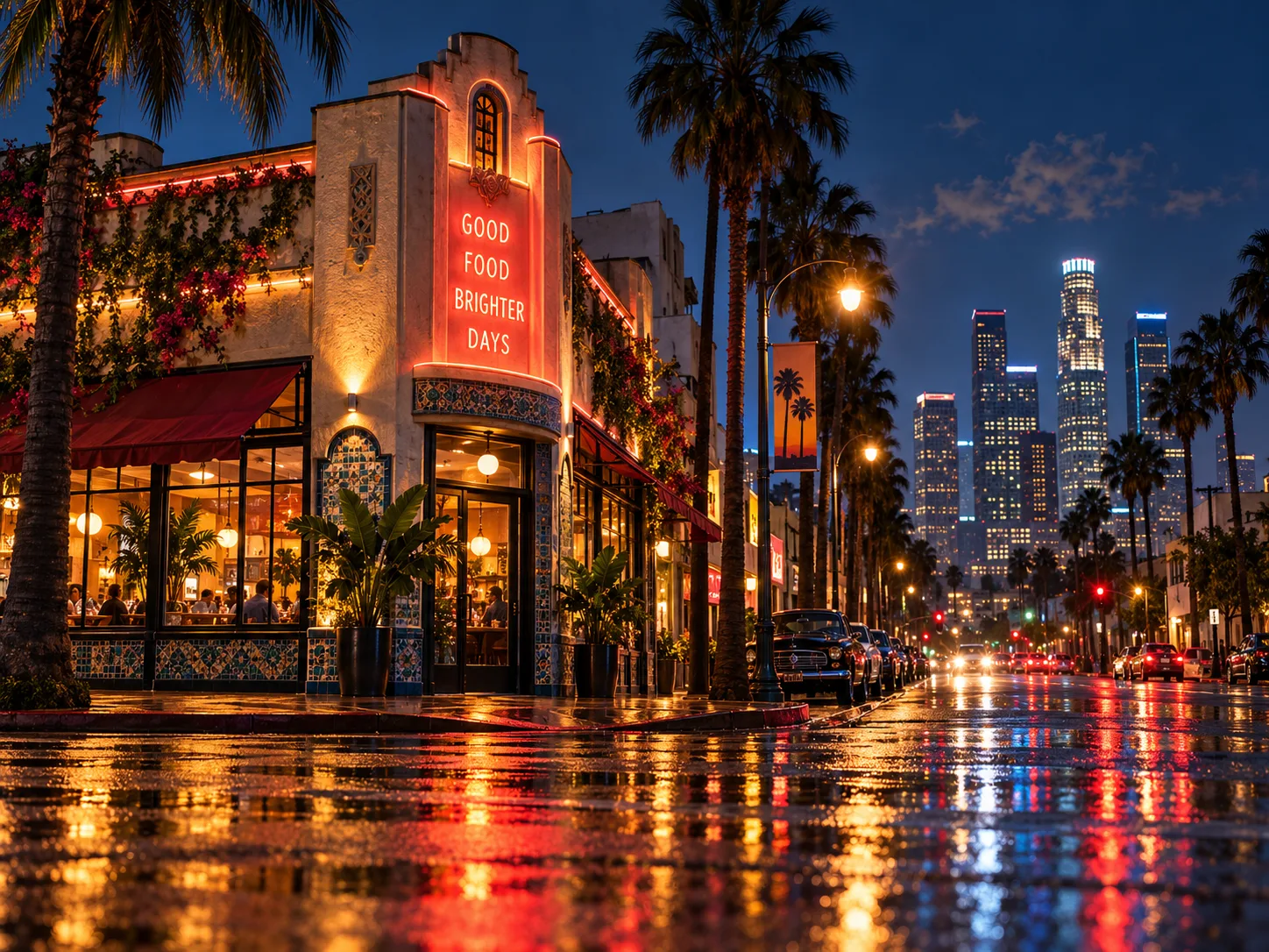 A neon-lit storefront on a palm-lined Los Angeles boulevard at night, downtown towers beyond